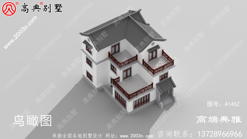 中式三层房屋设计图纸，设计效果图+整套施工图纸